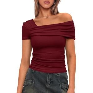 imageDarong Womens Summer Short Sleeve One Off The Shoulder Top Ruched Going Out Tops Slim Fit Y2K ShirtWine Red