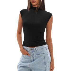 imageDarong Womens Summer Tops Cap Sleeve Side Ruched Going Out Top Mock Neck Slim Fitted Cute Shirts Y2K TeeBlack