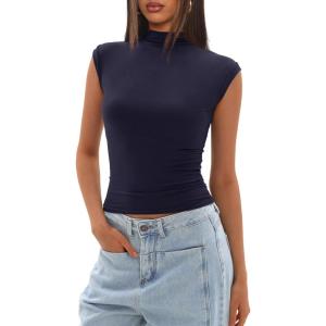 imageDarong Womens Summer Tops Cap Sleeve Side Ruched Going Out Top Mock Neck Slim Fitted Cute Shirts Y2K TeeDark Blue