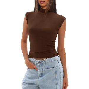 imageDarong Womens Summer Tops Cap Sleeve Side Ruched Going Out Top Mock Neck Slim Fitted Cute Shirts Y2K TeeDark Coffee