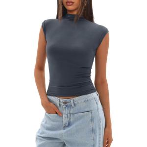 imageDarong Womens Summer Tops Cap Sleeve Side Ruched Going Out Top Mock Neck Slim Fitted Cute Shirts Y2K TeeGrey