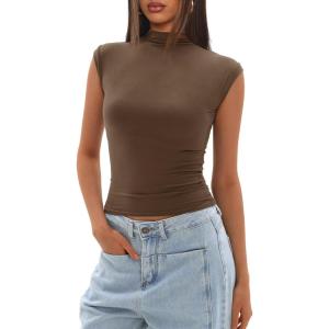 imageDarong Womens Summer Tops Cap Sleeve Side Ruched Going Out Top Mock Neck Slim Fitted Cute Shirts Y2K TeeKhaki