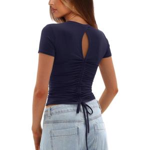 imageDarong Womens Summer Tops Crew Neck Short Sleeve Open Back Top Shirts Fitted T Shirt Y2k ClothingDark Blue