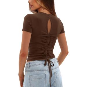 imageDarong Womens Summer Tops Crew Neck Short Sleeve Open Back Top Shirts Fitted T Shirt Y2k ClothingDark Coffee