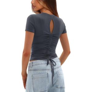 imageDarong Womens Summer Tops Crew Neck Short Sleeve Open Back Top Shirts Fitted T Shirt Y2k ClothingGrey