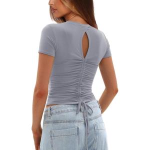 imageDarong Womens Summer Tops Crew Neck Short Sleeve Open Back Top Shirts Fitted T Shirt Y2k ClothingGrey Blue
