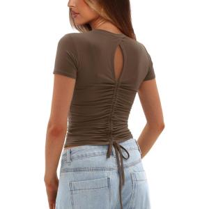 imageDarong Womens Summer Tops Crew Neck Short Sleeve Open Back Top Shirts Fitted T Shirt Y2k ClothingKhaki