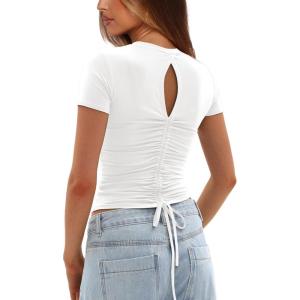 imageDarong Womens Summer Tops Crew Neck Short Sleeve Open Back Top Shirts Fitted T Shirt Y2k ClothingWhite