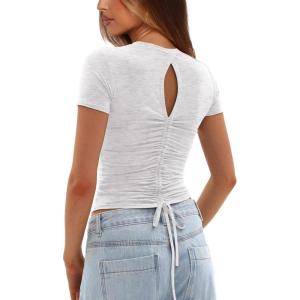 imageDarong Womens Summer Tops Crew Neck Short Sleeve Open Back Top Shirts Fitted T Shirt Y2k ClothingWhite Grey