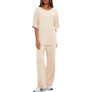 imageDarong Womens Two Piece Outfits Sets Loose Short Sleeve Side Slit Top Wide Leg Pants Lounge Sets Matching SetBeige275 Inseam