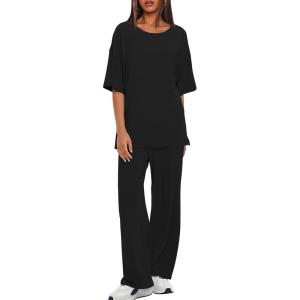 imageDarong Womens Two Piece Outfits Sets Loose Short Sleeve Side Slit Top Wide Leg Pants Lounge Sets Matching SetBlack275 Inseam