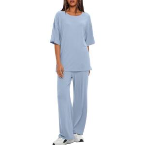imageDarong Womens Two Piece Outfits Sets Loose Short Sleeve Side Slit Top Wide Leg Pants Lounge Sets Matching SetBlue275 Inseam