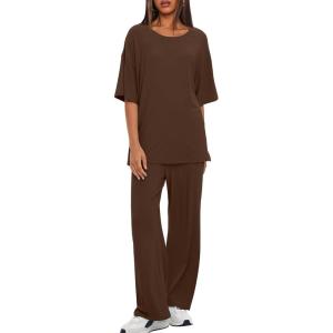 imageDarong Womens Two Piece Outfits Sets Loose Short Sleeve Side Slit Top Wide Leg Pants Lounge Sets Matching SetCoffee275 Inseam