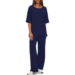 imageDarong Womens Two Piece Outfits Sets Loose Short Sleeve Side Slit Top Wide Leg Pants Lounge Sets Matching SetDark Blue275 Inseam