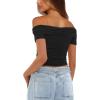 imageDarong Women Mesh Off The Shoulder Top Short Sleeve Double Lined Ruched Shirts Trendy Going Out Tops Summer Fashion ClothesBlack
