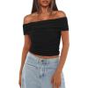 imageDarong Women Mesh Off The Shoulder Top Short Sleeve Double Lined Ruched Shirts Trendy Going Out Tops Summer Fashion ClothesBlack