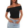 imageDarong Women Mesh Off The Shoulder Top Short Sleeve Double Lined Ruched Shirts Trendy Going Out Tops Summer Fashion ClothesBlack