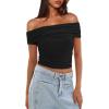 imageDarong Women Mesh Off The Shoulder Top Short Sleeve Double Lined Ruched Shirts Trendy Going Out Tops Summer Fashion ClothesBlack