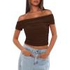 imageDarong Women Mesh Off The Shoulder Top Short Sleeve Double Lined Ruched Shirts Trendy Going Out Tops Summer Fashion ClothesCoffee