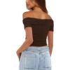 imageDarong Women Mesh Off The Shoulder Top Short Sleeve Double Lined Ruched Shirts Trendy Going Out Tops Summer Fashion ClothesCoffee