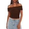 imageDarong Women Mesh Off The Shoulder Top Short Sleeve Double Lined Ruched Shirts Trendy Going Out Tops Summer Fashion ClothesCoffee