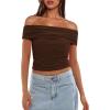 imageDarong Women Mesh Off The Shoulder Top Short Sleeve Double Lined Ruched Shirts Trendy Going Out Tops Summer Fashion ClothesCoffee