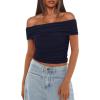 imageDarong Women Mesh Off The Shoulder Top Short Sleeve Double Lined Ruched Shirts Trendy Going Out Tops Summer Fashion ClothesDark Blue