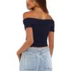 imageDarong Women Mesh Off The Shoulder Top Short Sleeve Double Lined Ruched Shirts Trendy Going Out Tops Summer Fashion ClothesDark Blue