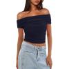 imageDarong Women Mesh Off The Shoulder Top Short Sleeve Double Lined Ruched Shirts Trendy Going Out Tops Summer Fashion ClothesDark Blue