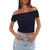 imageDarong Women Mesh Off The Shoulder Top Short Sleeve Double Lined Ruched Shirts Trendy Going Out Tops Summer Fashion ClothesDark Blue