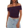 imageDarong Women Mesh Off The Shoulder Top Short Sleeve Double Lined Ruched Shirts Trendy Going Out Tops Summer Fashion ClothesDark Purple