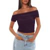 imageDarong Women Mesh Off The Shoulder Top Short Sleeve Double Lined Ruched Shirts Trendy Going Out Tops Summer Fashion ClothesDark Purple