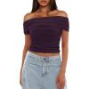 imageDarong Women Mesh Off The Shoulder Top Short Sleeve Double Lined Ruched Shirts Trendy Going Out Tops Summer Fashion ClothesDark Purple