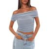 imageDarong Women Mesh Off The Shoulder Top Short Sleeve Double Lined Ruched Shirts Trendy Going Out Tops Summer Fashion ClothesLight Blue