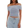 imageDarong Women Mesh Off The Shoulder Top Short Sleeve Double Lined Ruched Shirts Trendy Going Out Tops Summer Fashion ClothesLight Blue