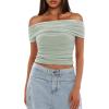 imageDarong Women Mesh Off The Shoulder Top Short Sleeve Double Lined Ruched Shirts Trendy Going Out Tops Summer Fashion ClothesLight Green