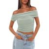 imageDarong Women Mesh Off The Shoulder Top Short Sleeve Double Lined Ruched Shirts Trendy Going Out Tops Summer Fashion ClothesLight Green