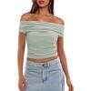 imageDarong Women Mesh Off The Shoulder Top Short Sleeve Double Lined Ruched Shirts Trendy Going Out Tops Summer Fashion ClothesLight Green