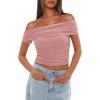 imageDarong Women Mesh Off The Shoulder Top Short Sleeve Double Lined Ruched Shirts Trendy Going Out Tops Summer Fashion ClothesLight Pink
