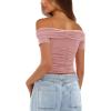 imageDarong Women Mesh Off The Shoulder Top Short Sleeve Double Lined Ruched Shirts Trendy Going Out Tops Summer Fashion ClothesLight Pink