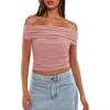 imageDarong Women Mesh Off The Shoulder Top Short Sleeve Double Lined Ruched Shirts Trendy Going Out Tops Summer Fashion ClothesLight Pink