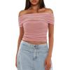 imageDarong Women Mesh Off The Shoulder Top Short Sleeve Double Lined Ruched Shirts Trendy Going Out Tops Summer Fashion ClothesLight Pink