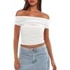 imageDarong Women Mesh Off The Shoulder Top Short Sleeve Double Lined Ruched Shirts Trendy Going Out Tops Summer Fashion ClothesWhite