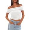 imageDarong Women Mesh Off The Shoulder Top Short Sleeve Double Lined Ruched Shirts Trendy Going Out Tops Summer Fashion ClothesWhite