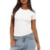 imageDarong Women Summer Short Sleeve Shirts Crewneck Striped Color Block T Shirts Slim Fit Ribbed Knit Basic Tee TopsAll White