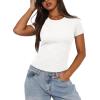 imageDarong Women Summer Short Sleeve Shirts Crewneck Striped Color Block T Shirts Slim Fit Ribbed Knit Basic Tee TopsAll White