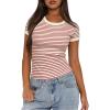 imageDarong Women Summer Short Sleeve Shirts Crewneck Striped Color Block T Shirts Slim Fit Ribbed Knit Basic Tee TopsBeige Rust Stripe