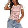 imageDarong Women Summer Short Sleeve Shirts Crewneck Striped Color Block T Shirts Slim Fit Ribbed Knit Basic Tee TopsBeige Rust Stripe