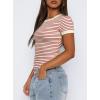 imageDarong Women Summer Short Sleeve Shirts Crewneck Striped Color Block T Shirts Slim Fit Ribbed Knit Basic Tee TopsBeige Rust Stripe