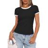 imageDarong Women Summer Short Sleeve Shirts Crewneck Striped Color Block T Shirts Slim Fit Ribbed Knit Basic Tee TopsBlack